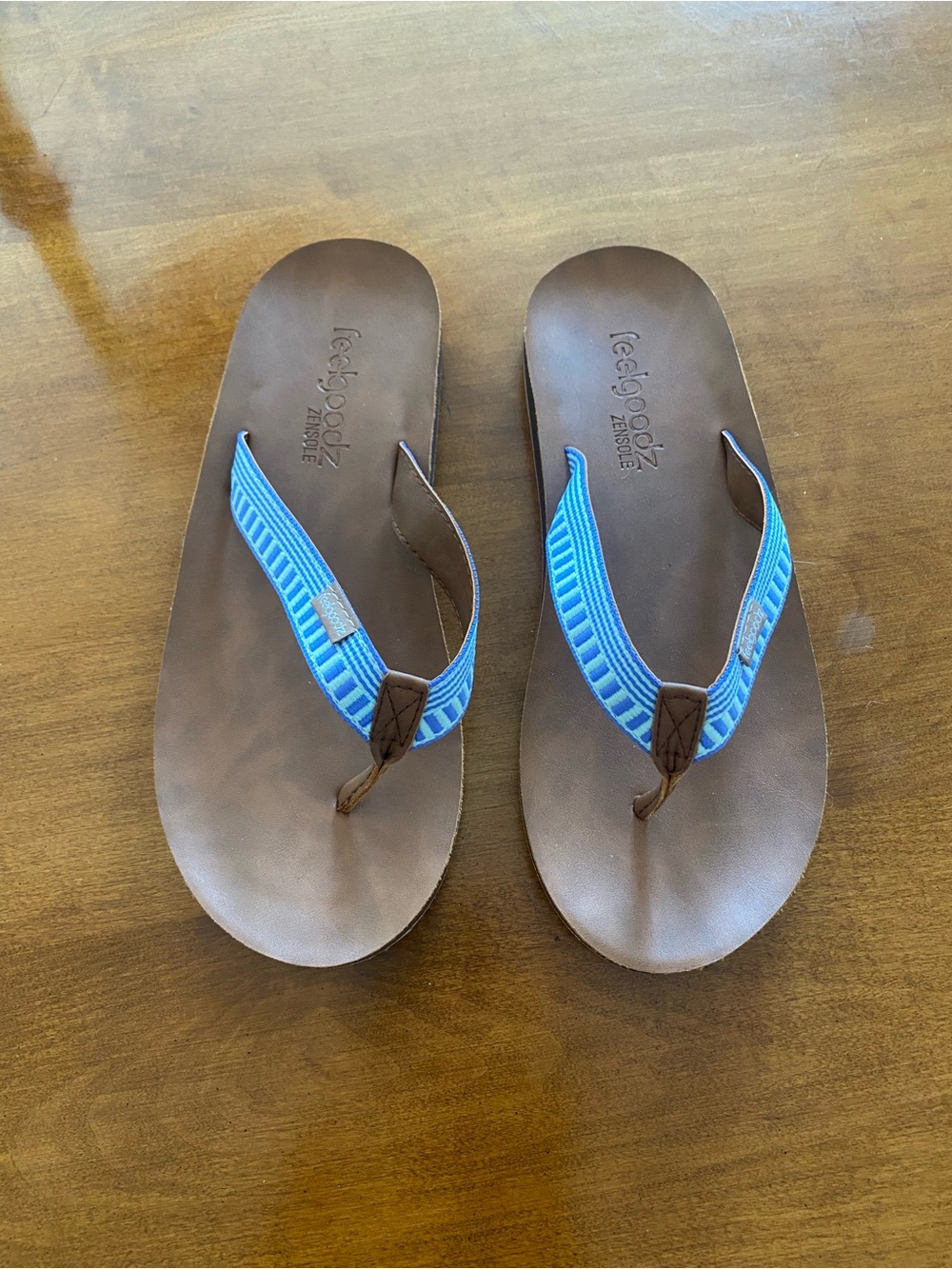 Feelgoodz NWOT Women’s Brown Leather Flip Flop Sandals with Blue Straps